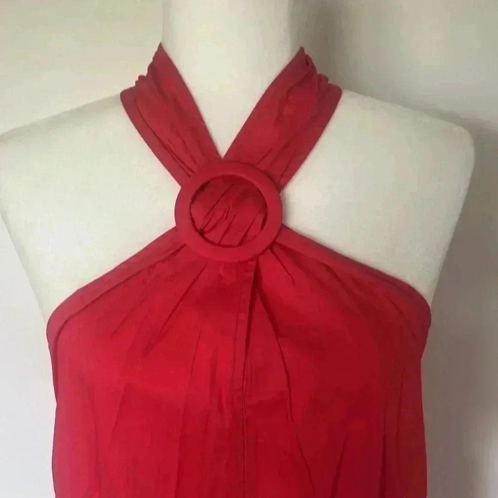 NWT Maggy London Halter Neck O-Ring Poplin Midi Dress-Tomato Puree Size 14 - Picture 3 of 9